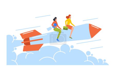 Illustration for Launch Of Business Startup, Mission, Career Boost Concept. Team Of Entrepreneurs Flying Up On Rocket. Group Of People On Way To Success, Developing And Achieving Goals. Cartoon Vector Illustration - Royalty Free Image