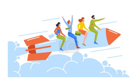 Career Boost, Start Up and Leadership Concept. Cheerful Business Team Flying on Rocket. Men and Women Office Workers Fly Up by Engine to Goal and Success. Cartoon Vector Illustration