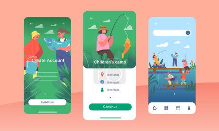 Illustration for Children Camp Mobile App Page Onboard Screen Template. Kids Fishermen Fun on Pond, Little Boys and Girls Fishing with Rods on Pier. Characters Summer Hobby Concept. Cartoon People Vector Illustration - Royalty Free Image