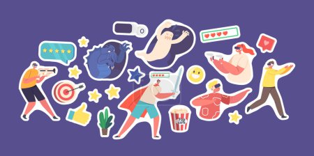Illustration for Set of Stickers People Wear Vr Headset Playing Video Simulation Games. Players Gaming At Cyberspace, Virtual Augmented Reality Fun with Adults and Kids Gamer Characters. Cartoon Vector Illustration - Royalty Free Image