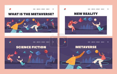Virtual Reality Landing Page Template Set. Metaverse Digital Technology Concept. People Wear VR Glasses And Headset, Connected Characters Immersion into Cyberspace. Cartoon People Vector Illustration