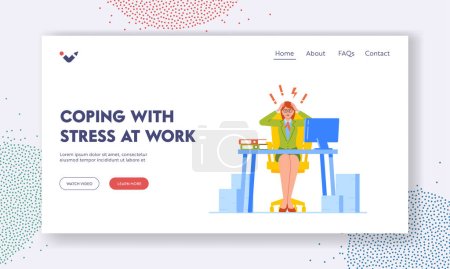 Coping with Stress at Work Landing Page Template. Stressed Businesswoman Sit with Flashes and Exclamation Marks over Head. Overloaded Employee with Documents Mess on Desk. Cartoon Vector Illustration