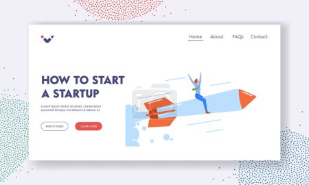 Illustration for Business Startup Landing Page Template. Happy Entrepreneur Flying Up On Rocket. Male Character Launch Business Start Up. Way To Success, Development And Achieving Goals. Cartoon Vector Illustration - Royalty Free Image