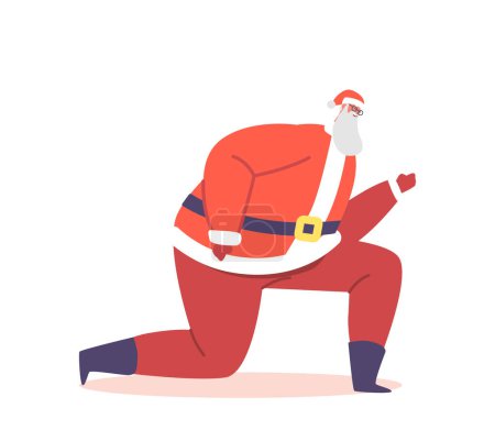 Santa Claus Dancing Standing on One Knee. Cool Christmas Character in Red Traditional Costume and Hat Performing Modern Youth Dance at Xmas Party Celebration or Club. Cartoon Vector Illustration