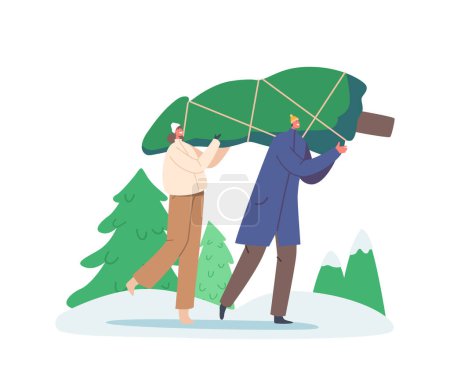 Happy Couple Man and Woman Carry Fir Tree. People Christmas Rush, New Year Holidays Preparation. Characters in Winter Festive Mood Walking with Spruce on Shoulder. Cartoon Vector Illustration