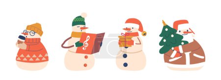 Illustration for Set of Snowmen Funny New Year Characters. Winter and Christmas Personages Drinking Cocoa, Singing, Holding Gift Box, Xmas Tree Isolated on White Background. Cartoon Vector Illustration - Royalty Free Image