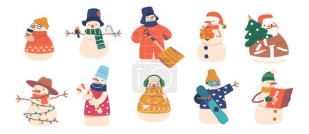 Set Schneemänner Wintercharaktere, lustige Neujahrs- und Weihnachtspersonen, die Kakao trinken, singen, Geschenke halten, Weihnachtsbaum und Schneeschaufel isoliert auf weißem Hintergrund. Zeichentrickvektorillustration