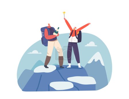 Illustration for Couple Celebrate Christmas on Mountain Peak with Champagne and Sparklers. Loving Man and Woman Travel on Winter Holidays, Male and Female Characters on Vacation. Cartoon People Vector Illustration - Royalty Free Image