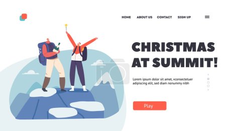 Illustration for Christmas at Summit Landing Page Template. Couple Celebrate Xmas on Mountain Peak with Champagne and Sparklers. Loving Man and Woman Travel on Winter Holidays. Cartoon People Vector Illustration - Royalty Free Image