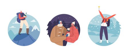 Illustration for Couple Travel for Christmas Holidays Isolated Round Icons or Avatars. Male and Female Characters on Winter Vacation Climb on Rock with Champagne and Sparkler. Cartoon People Vector Illustration - Royalty Free Image
