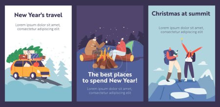 Illustration for Couple Travel for Christmas Holidays Cartoon Banners. Male and Female Characters on Winter Vacation. Loving Man and Woman Driving Car with Tree, Camping in Tent, Climb on Rock. Vector Posters - Royalty Free Image