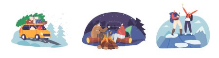 Illustration for Set Couple Travel for Christmas Holidays, Male and Female Characters on Winter Vacation. Loving Man and Woman Driving Car with Tree, Camping in Tent, Climb on Rock. Cartoon People Vector Illustration - Royalty Free Image