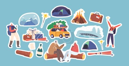 Illustration for Set of Stickers Couple Travel for Christmas Holidays, Male and Female Characters on Winter Vacation. Loving Man and Woman Driving Car with Tree, Camping in Tent, Climb on Rock. Cartoon Vector Patches - Royalty Free Image
