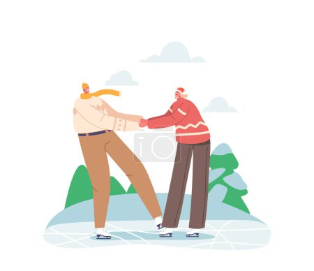 Illustration for Christmas Vacation Spare Time. Happy Loving Couple in Warm Clothes Holding Hands Skating Outdoors on Frozen Pond in Winter Park. Wintertime Holidays and Entertainment. Cartoon Vector Illustration - Royalty Free Image