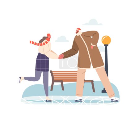 Illustration for Happy Couple Skate at City Ice Rink, Outdoor Activities at Winter Park. Christmas Leisure, Family Holidays Spare Time. Male and Female Characters Figure Skating. Cartoon People Vector Illustration - Royalty Free Image