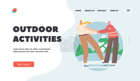 Illustration for Outdoor Wintertime Activities Landing Page Template. Couple Christmas Vacation Spare Time. Happy Loving Pair in Warm Clothes Holding Hands Skating on Frozen Pond. Cartoon Vector Illustration - Royalty Free Image