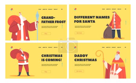 Illustration for Santa Claus in Traditional Costumes of Different Countries Landing Page Template Set. Xmas Holidays Personages with Gifts. Winter Season Christmas and New Year. Cartoon Vector Illustration - Royalty Free Image