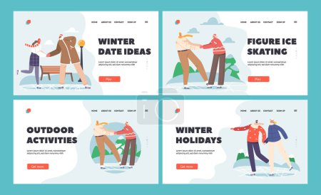 Illustration for Young Pairs Wintertime Holidays and Vacation Fun Landing Page Template Set. Happy Loving Couples in Warm Clothes Skating Outdoors on Frozen Pond or Winter Park Ice Rink. Cartoon Vector Illustration - Royalty Free Image