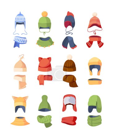 Illustration for Set of Children Hats for Autumn and Winter Seasons, Knitted and Textile Caps for Girls or Boys Isolated on White Background. Kids Headwear Design Elements for Cold Weather. Cartoon Vector Illustration - Royalty Free Image