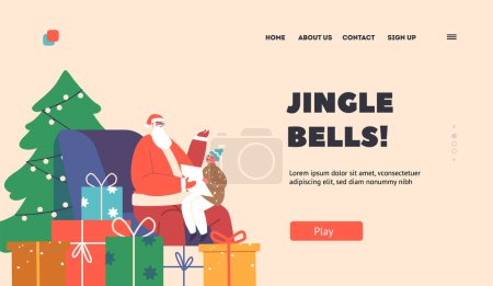 Illustration for Jingle Bells Landing Page Template. Child Read Poems to Santa Claus. Little Kid Sitting on Knees of Father at Decorated Christmas Tree with Pile of Gifts, Xmas Eve. Cartoon Vector Illustration - Royalty Free Image