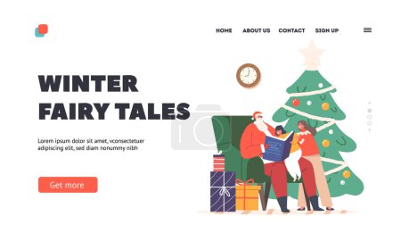 Illustration for Winter Fairy Tales Landing Page Template. Santa Claus Reading Book to Little Kids. Noel Character in Red Festive Costume Sit on Armchair Read Stories to Children. Cartoon People Vector Illustration - Royalty Free Image