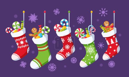 Illustration for Set Colorful Christmas Socks with Sweets Isolated on Purple Background with Snowflakes. Winter Collection of Stockings, Xmas Holiday Element, Funny Presents with Candies. Cartoon Vector Illustration - Royalty Free Image