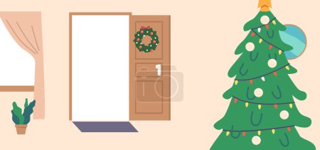 Ilustración de Interior de la casa de Navidad con abeto decorado, puerta abierta con corona y ventana cortina. Fondo para la tarjeta de felicitación, habitación de la casa con abeto. Ilustración de vectores de dibujos animados - Imagen libre de derechos