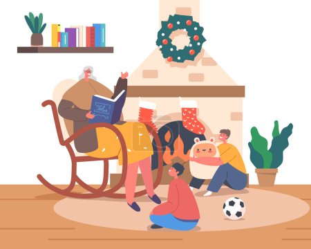 Illustration for Granny Reading Christmas Stories and Fairy Tales to Kids Sitting at Rocking Chair near Fire Place. Happy Family Characters Xmas Eve Sparetime, Magic Festive Night. Cartoon People Vector Illustration - Royalty Free Image