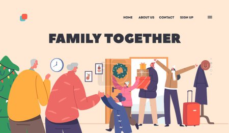 Illustration for Family Together Landing Page Template. Happy Characters Meeting Grandparents at their Home. Mother, Father and Little Kids Arrived for Christmas Holidays. Cartoon People Vector Illustration - Royalty Free Image
