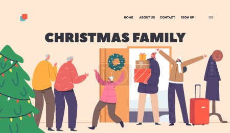 Illustration for Family Christmas Landing Page Template. Happy Grandchildren Visiting Grandparents Concept. Father, Mother and Kids Coming to Grandmother and Grandfather Home. Cartoon People Vector Illustration - Royalty Free Image