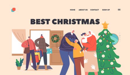 Illustration for Best Christmas Landing Page Template. People Visit Old Parents House. Happy Family Characters Visit Grandparents Home. Mother, Father and Little Kids Arrived for Holidays. Cartoon Vector Illustration - Royalty Free Image