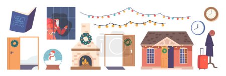Illustration for Set of Christmas Decor, Isolated Elements for Greeting Card, Invitation. New Year or Xmas Traditional Garland, Wreath, Fire Place, Decorated House and Door, Santa Claus at Window. Cartoon Vector Icons - Royalty Free Image