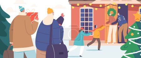 Illustration for Happy Family Characters Mother, Father and Little Kids Meeting Grandparents for Christmas Holidays. Parents with Children Visit Grandmother and Grandfather Home . Cartoon People Vector Illustration - Royalty Free Image
