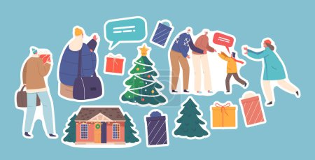 Illustration for Set of Stickers Happy Family Characters Meeting for Christmas Holidays. Parents with Children Visit Grandparents at Home. Winter Vacation, Xmas and New Year Celebration. Cartoon Vector Patches Set - Royalty Free Image
