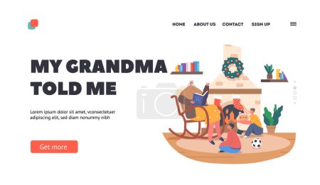 Illustration for Magic Festive Night Landing Page Template. Granny Reading Christmas Stories and Fairy Tales to Kids Sitting at Rocking Chair near Fire Place. Happy Family Xmas Eve. Cartoon People Vector Illustration - Royalty Free Image