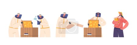 Illustration for Apiary and Beekeeping Concept. Apiarist Characters Extract Honey, Beekeepers In Protective Outfit Taking Honeycomb, Smoke Frames Producing Natural Eco Product. Cartoon Vector Illustration - Royalty Free Image