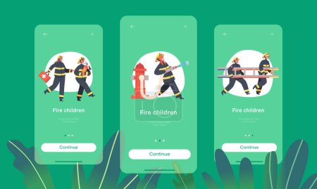 Illustration for Mobile App Page Onboard Screen Template. Children Fire Fighters In Uniform Holding Ladder, First Aid Kit, Extinguisher, Kids Firemen Team Fighting With Blaze Concept. Cartoon Vector Illustration - Royalty Free Image