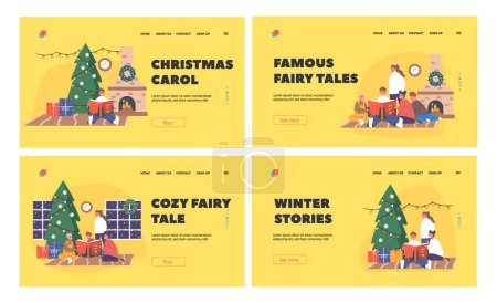 Illustration for Christmas Fairy Tales Landing Page Template Set. Happy Kids Reading Stories at Eve. Happy Boys and Girls Characters Sitting at Fire Place with Book at Xmas Night. Cartoon People Vector Illustration - Royalty Free Image