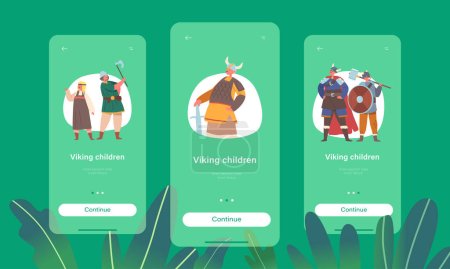 Illustration for Children Vikings Mobile App Page Onboard Screen Template. Little Boys and Girls Characters Wear Antique Suits Hold Armor Medieval Nordic Soldier Barbarians Concept. Cartoon People Vector Illustration - Royalty Free Image