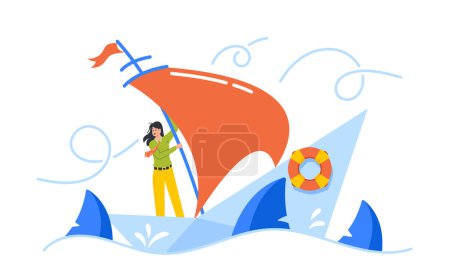 Illustration for Hopeless Businesswoman Drowning in Ocean. Business Character Shipwreck on Paper Boat. Woman Life Or Business Stuck, Struggle With Problem Or Obstacle Difficulty. Cartoon People Vector Illustration - Royalty Free Image