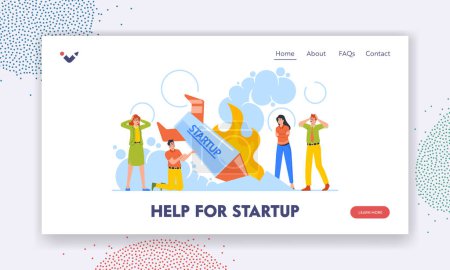 Illustration for Help for Startup Landing Page Template. Startup Fail, Business Failure, Spaceship Crash. Businesspeople Stand at Burning Crashed Start up Rocket. Unhappy People Shock. Cartoon Vector Illustration - Royalty Free Image