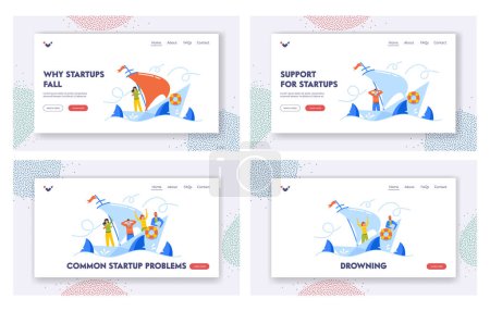 Illustration for Business Mistake, Hopeless Landing Page Template Set. Frightened Businesspeople Shipwreck on Paper Boat. People Drowning in Ocean Struggle With Problem Or Obstacle. Cartoon Vector Illustration - Royalty Free Image