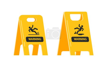 Illustration for Yellow Boards with Wet Floor Warning, Black Silhouettes on Plastic Sign. Caution Symbols With Stick Man Figure Falling Down, Safety Precaution in Office, Airport or Hotel Hall. Vector Illustration - Royalty Free Image