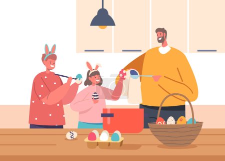 Illustration for Happy Family Prepare for Easter Spring Holiday Celebration. Father and Little Daughter with Son in Rabbit Ears Painting Eggs, Parents and Child Spare Time, Togetherness. Cartoon Vector Illustration - Royalty Free Image