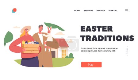 Illustration for Easter Traditions Landing Page Template. Happy Family Prepare for Holiday Celebration. Young Parents Couple with Baby on Hands Holding Box with Painted Eggs. Cartoon People Vector Illustration - Royalty Free Image