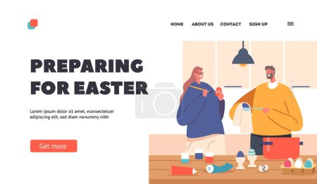Illustration for Preparing for Easter Landing Page Template. Man and Woman Painting Eggs for Holiday Celebration. Characters Couple Decorate Eggs Together Standing at Kitchen Desk. Cartoon People Vector Illustration - Royalty Free Image
