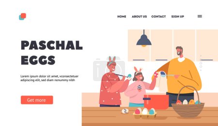 Illustration for Paschal Eggs Landing Page Template. Happy Family Prepare for Easter Spring Holiday Celebration. Father and Little Daughter with Son in Rabbit Ears Painting Eggs Together. Cartoon Vector Illustration - Royalty Free Image