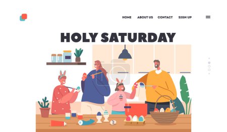 Illustration for Holy Saturday Landing Page Template. Happy Family Prepare for Easter Celebration. Parents and Children Wear Rabbit Ears Painting Eggs. People Spend Holidays Time Together. Cartoon Vector Illustration - Royalty Free Image