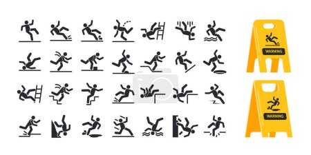 Ilustración de Conjunto de siluetas de advertencia, símbolos de precaución con la caída de la figura del hombre palo. Caer por las escaleras y sobre el borde, piso húmedo, tropezando en las escaleras. Ilustración vectorial aislada sobre fondo blanco - Imagen libre de derechos
