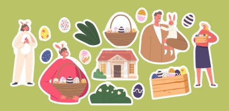 Illustration for Set of Stickers Happy Family Prepare for Easter Celebration. Parents and Children Girl and Boy Wear Rabbit Ears Holding Baskets with Painted Eggs. Spring Holidays Cartoon Vector Illustration, Patches - Royalty Free Image